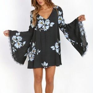 Free people wandered floral printed bell sleeve mini dress